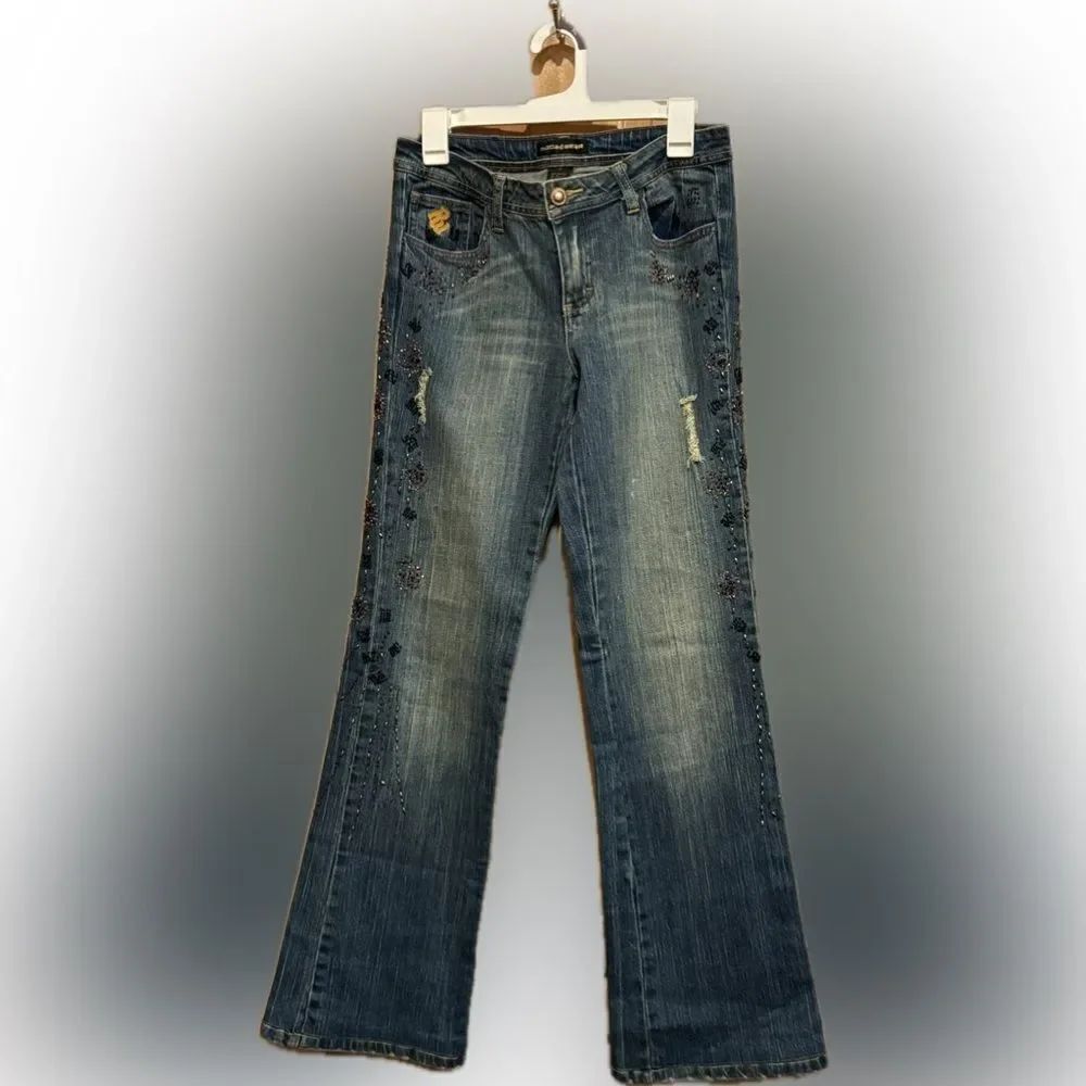 Roca Wear VTG Dark Wash Beaded Boot-Cut Denim Jeans SZ 7
